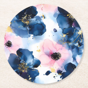 Posavasos Redondo De Papel Azul Marino Rosado Dorado Floral Acuarela