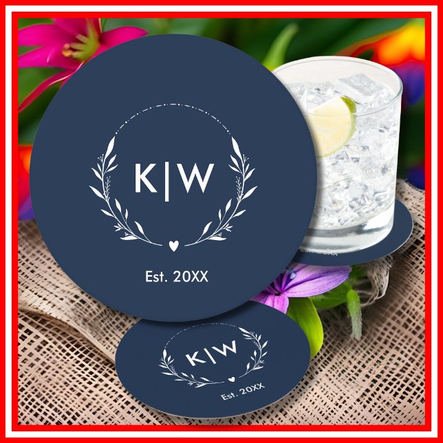 Posavasos Redondo De Papel Azul marino y blanco | Monograma de Iniciales Mode (Navy Blue and White | Modern Initials Monogram Round Paper Coaster)