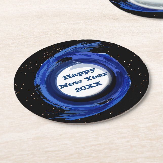 Posavasos Redondo De Papel Azul oscuro pintado en la noche, feliz año nuevo 2 (En perspectiva)