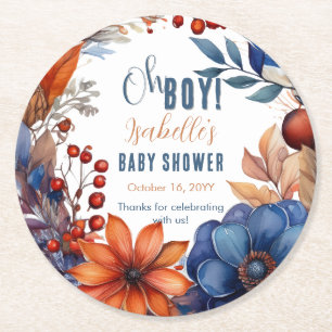 Posavasos Redondo De Papel Azul   Terracota Oh Boy Fall Floral Baby Shower