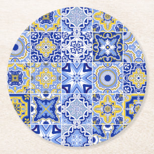 Posavasos Redondo De Papel Azulejos mediterráneos azules y cítricos