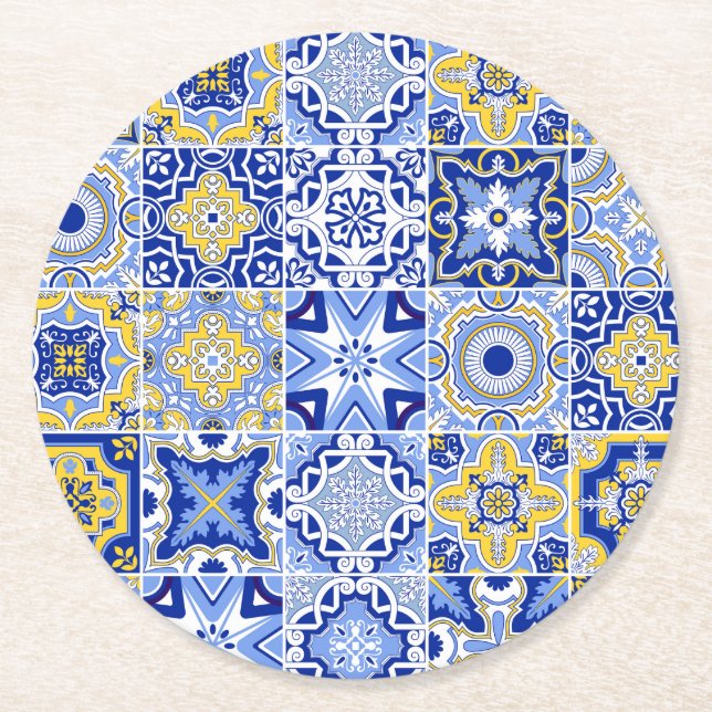 Posavasos Redondo De Papel Azulejos mediterráneos azules y cítricos (Anverso)