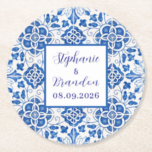 Posavasos Redondo De Papel Azulejos portugueses boda mediterránea azul