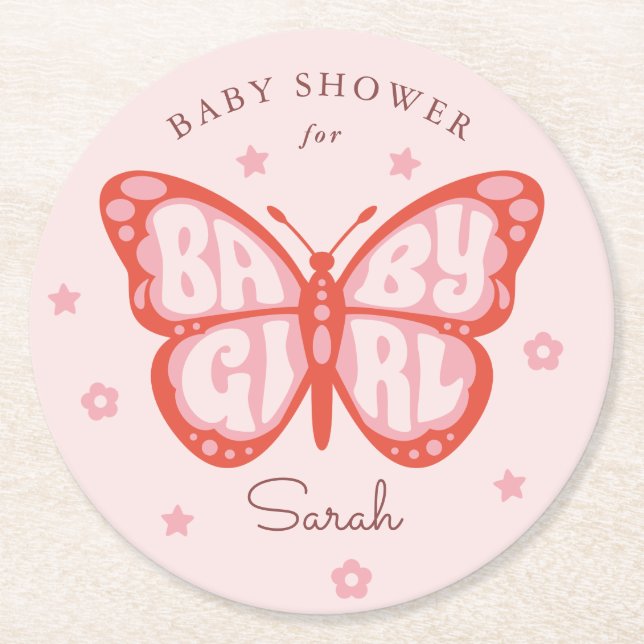 Posavasos Redondo De Papel Baby Girl Pink Butfly Baby Shower (Anverso)
