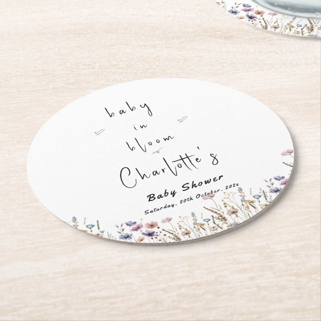 Posavasos Redondo De Papel Baby In Bloom Wildflower Baby Shower (En perspectiva)