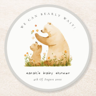 Posavasos Redondo De Papel Baby Mom Bearly Wait Floral Neutal Baby Shower