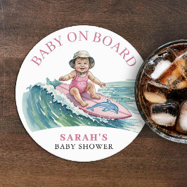 Posavasos Redondo De Papel Baby on Board Watercolor Surfing Girl Baby Shower