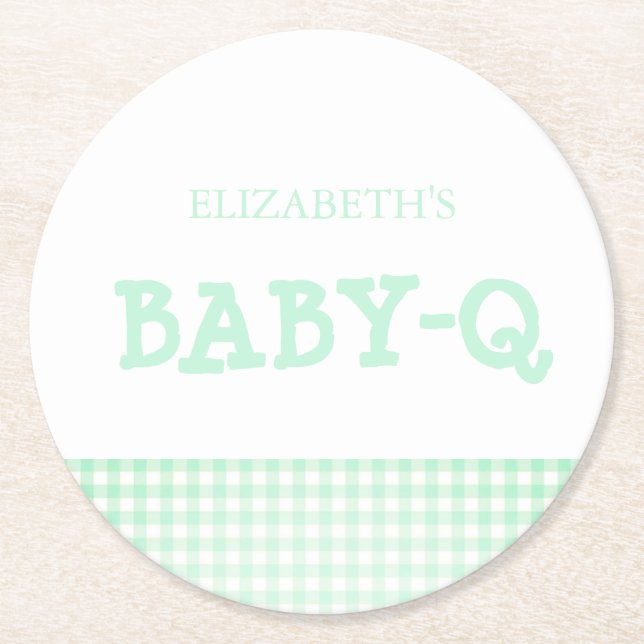 Posavasos Redondo De Papel Baby-Q Mint Green Gingham Baby Shower (Anverso)
