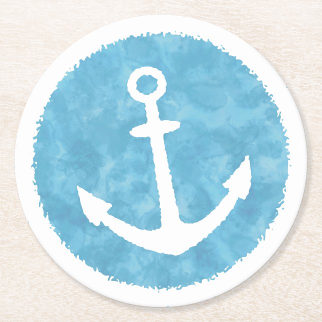 Posavasos Redondo De Papel Baby Shower azul de ancla nautica (Anverso)