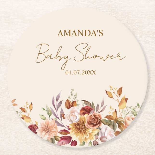 Posavasos Redondo De Papel Baby Shower boho Rústico de Otoño  (Anverso)