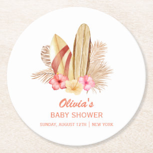 Posavasos Redondo De Papel Baby Shower Boho Tropical Flower SurfIng