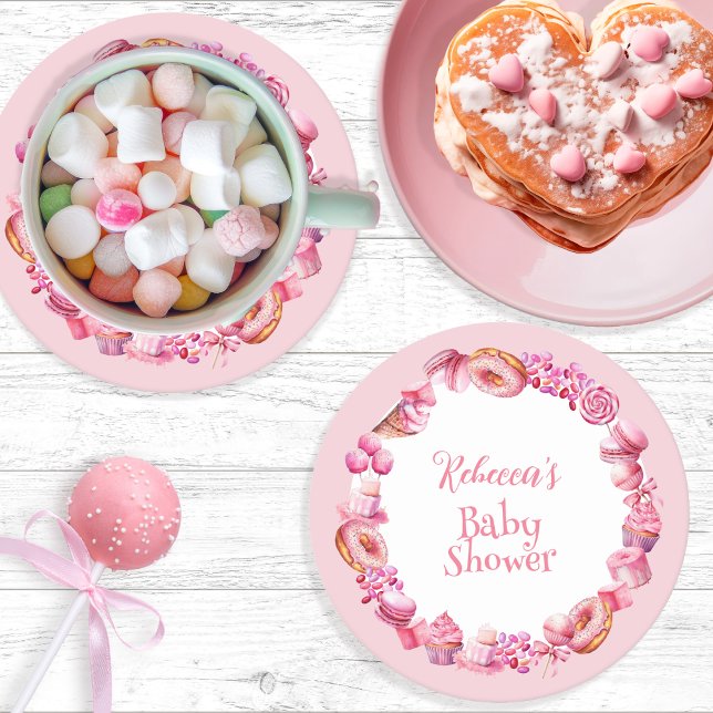 Posavasos Redondo De Papel Baby Shower Chica de marco de caramelo rosa (Pink Candy and Treats Frame Girl Baby Shower Paper Coaster)