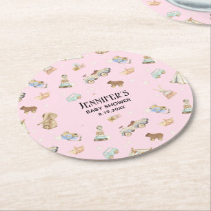 Posavasos Redondo De Papel Baby Shower chica, juguetes vintage, rosa