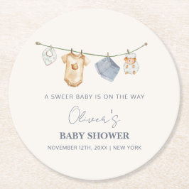 Posavasos Redondo De Papel Baby Shower Cute Simple Boho Clothesline
