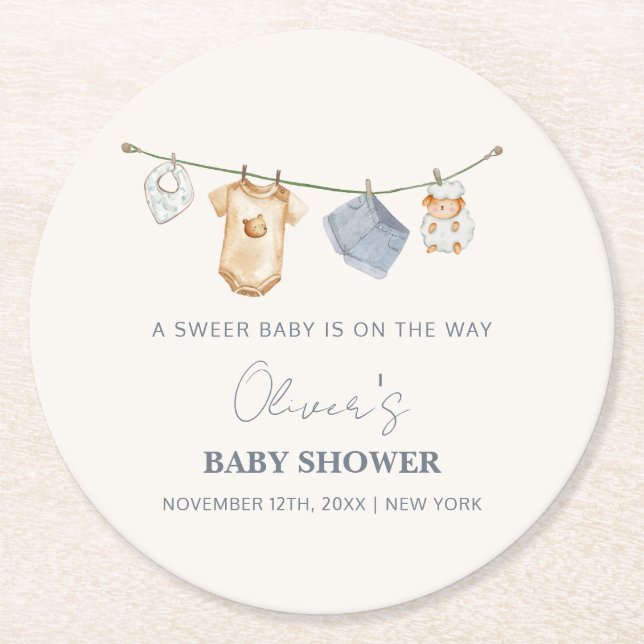 Posavasos Redondo De Papel Baby Shower Cute Simple Boho Clothesline (Anverso)