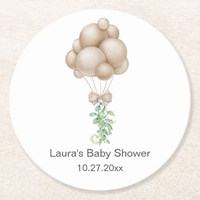 Posavasos Redondo De Papel Baby Shower de Beige Balloons (Anverso)