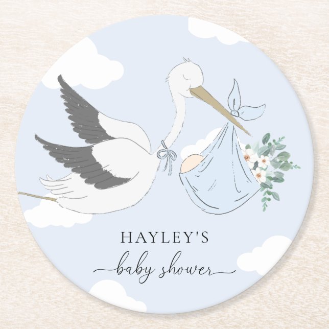 Posavasos Redondo De Papel Baby Shower de Blue Stork (Anverso)