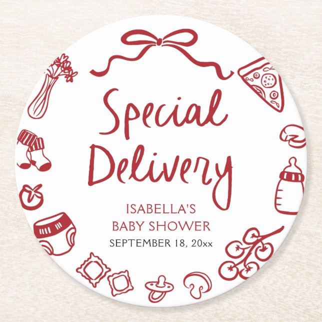 Posavasos Redondo De Papel Baby Shower de entrega especial de mano de italian (Anverso)