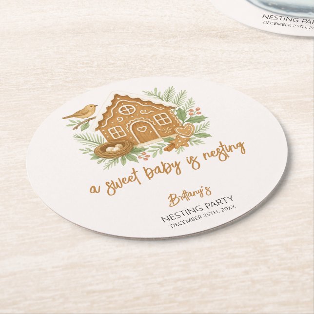 Posavasos Redondo De Papel Baby Shower de nidificación de invierno de jengibr (En perspectiva)