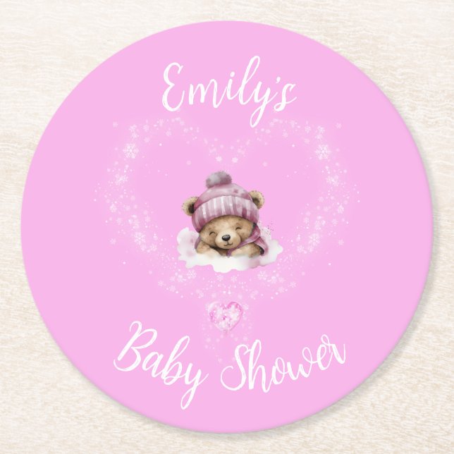 Posavasos Redondo De Papel Baby Shower De Oso De Teddy De Nieve Emocionada (Anverso)