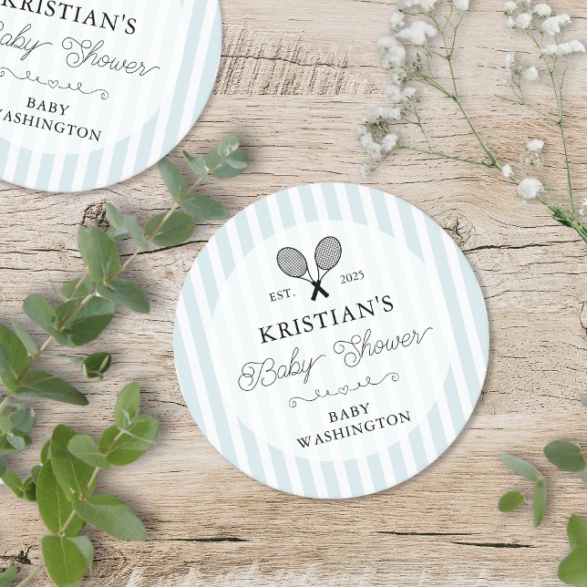 Posavasos Redondo De Papel Baby Shower de Preppy Blue Tennis Country Club (elegant blue and white stripes tennis theme baby shower paper coasters for guest favors decorations)