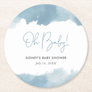 Posavasos Redondo De Papel Baby Shower de Sky Blue Watercolor