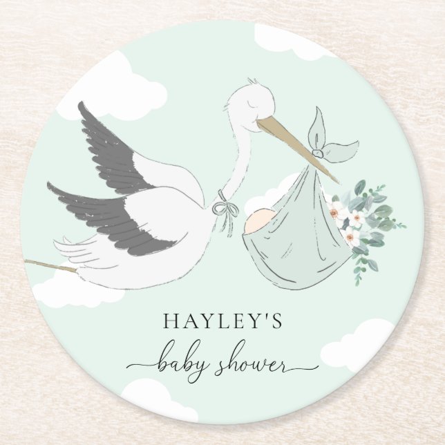 Posavasos Redondo De Papel Baby Shower Mint Green Stork (Anverso)
