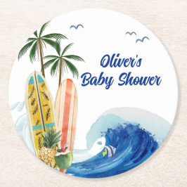 Posavasos Redondo De Papel Baby Shower moderno Blue Ocean Wave Surfboard