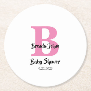 Posavasos Redondo De Papel Baby Shower Monogramas blanco rosado simple