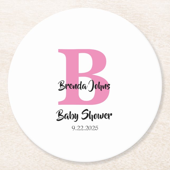 Posavasos Redondo De Papel Baby Shower Monogramas blanco rosado simple (Anverso)