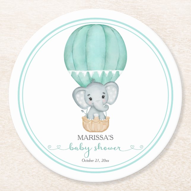 Posavasos Redondo De Papel Baby Shower neutral de género de elefante verde (Anverso)