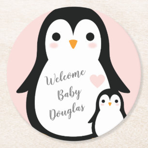 Posavasos Redondo De Papel Baby Shower Pink Penguin