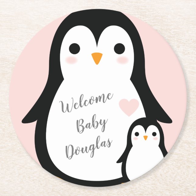 Posavasos Redondo De Papel Baby Shower Pink Penguin (Anverso)