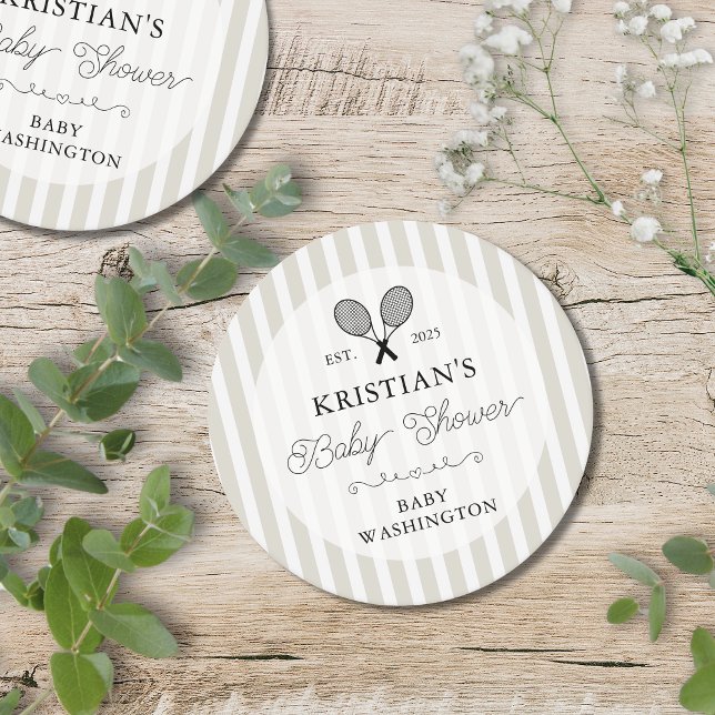 Posavasos Redondo De Papel Baby Shower Preppy Beige Tennis Country Club (beige stripes elegant chic tennis motif baby shower paper coaster favors for preppy country club era)
