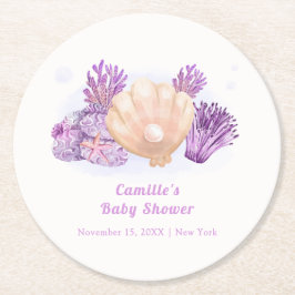 Posavasos Redondo De Papel Baby Shower Purple Retro Pearl Seashell