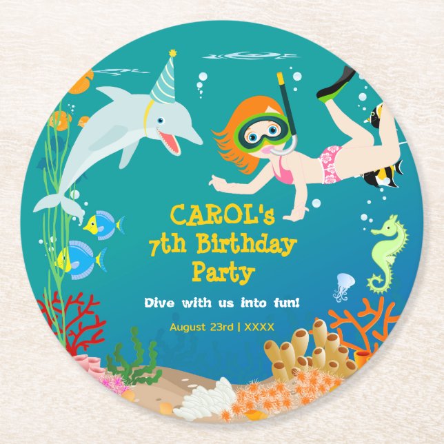 Posavasos Redondo De Papel Bajo el mar delfines y fiesta de cumpleaños chica (Anverso)