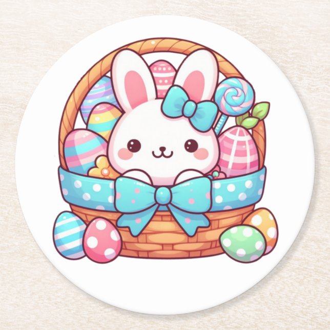 Posavasos Redondo De Papel Bakset de conejo de Pascua (Anverso)