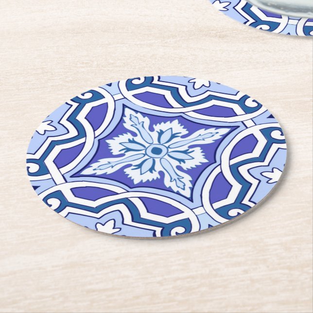 Posavasos Redondo De Papel Baldosas azules,azulejos mediterráneos,majolica  (En perspectiva)