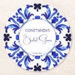 Posavasos Redondo De Papel Baldosas azules de Talavera Regalos de la ducha de<br><div class="desc">Talavera azulejo azulejos azules vintage ducha de novia mexicana monograma papel impreso plancha de montaña,  azulejos azul mediterráneo Baldosas azul Maiolica azulejos griegos patrón ducha de novia castración personalizada ducha de novia decoración de mesa que también puede ser como ducha de novia favores</div>