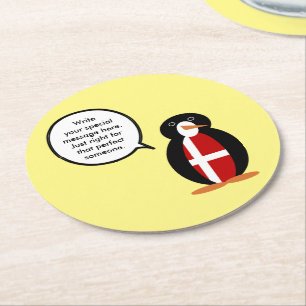 Posavasos Redondo De Papel Bandera Danesa Pinguino Señora Personalizado