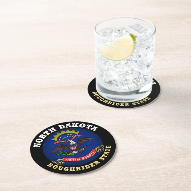 POSAVASOS REDONDO DE PAPEL BANDERA ESTATAL DE DAKOTA ROUGHRIDER DEL NORTE (In situ)