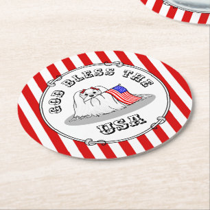 Posavasos Redondo De Papel Bandera Patriótica Americana Perro Maltés de Estad