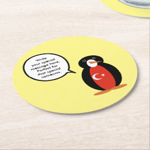 Posavasos Redondo De Papel Banderas turcas hablando Sra. Pingüino Personaliza