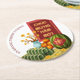 Posavasos Redondo De Papel Banh Chung Watermelon & Hoa Mai Vietnamese Tet