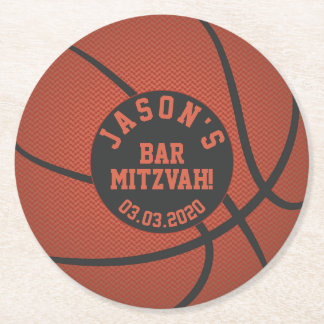 Posavasos Redondo De Papel Bar de baloncesto Mitzvah Naranja Negro