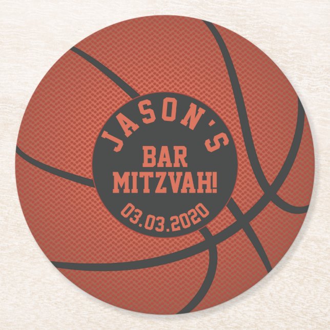 Posavasos Redondo De Papel Bar de baloncesto Mitzvah Naranja Negro (Anverso)