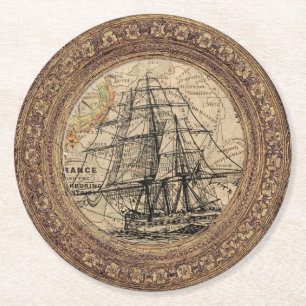 Posavasos Redondo De Papel Barco Antiguo y Mapa