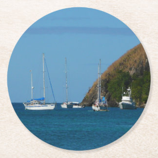 Posavasos Redondo De Papel Barcos de vela en la Bahía Blanco y Azul Náutico
