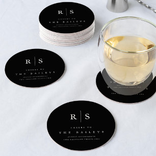 Posavasos Redondo De Papel Barra de Bodas de monograma clásico negro y crudo