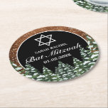 Posavasos Redondo De Papel Bat Mitzvah de Black Snowy Wood & Forest Pine Bar<br><div class="desc">Bat Mitzvah celebración personalizados. Madera rústica marrón,  fondo de nieve y bosque nevado. Acogedor estilo rústico vintage. Hay más artículos disponibles en este estilo en nuestra tienda. Puede editar el diseño más adelante,  cambiar colores,  fuentes y añadir texto extra haciendo clic en el enlace "personalizar más adelante".</div>